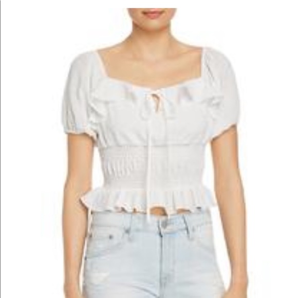 LOST + Wander cropped top PIÑA SMOCKED RUFFLE TRIM PUFF SLEEVE CROP TOP - Picture 2 of 8